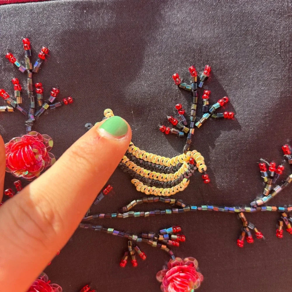Small Beaded Sequin Whimsigoth Floral Bird Tote Bag 10X10